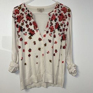 Loft floral cascade printed cream colored cardigan size XL